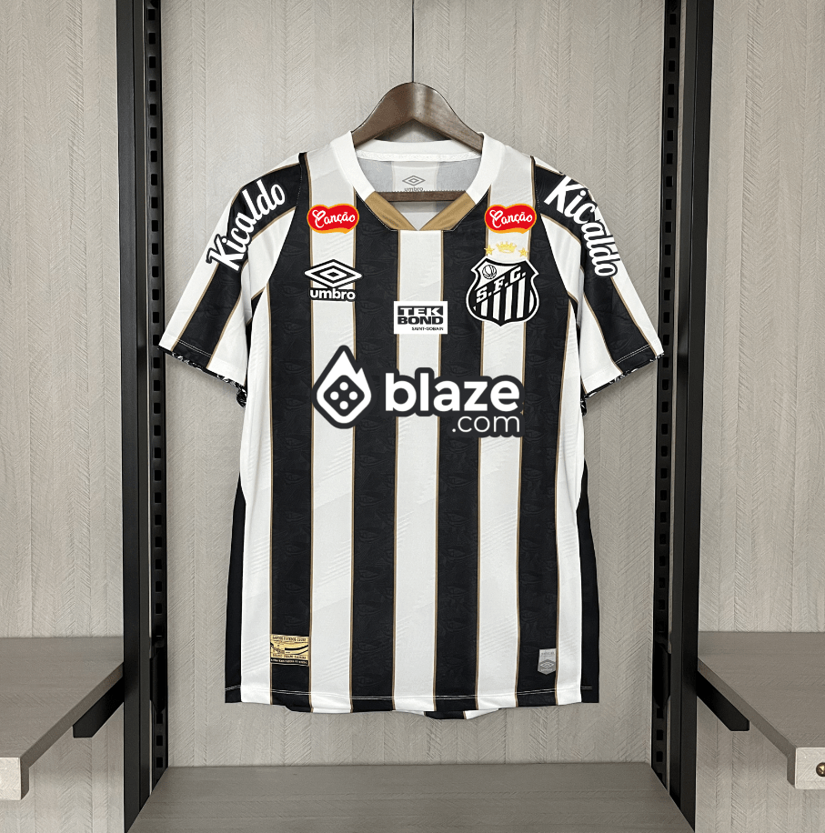 Camisa do Santos I 24/25 preta e branca - Com patrocinios (Neymar JR 10 Incluso) - DA Sports Oficial
