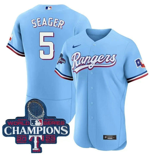 Camisa MLB Corey Seager Texas 2023 World Series Champions Baby Blue Jersey - Baby Azul