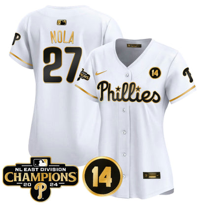 Camisa MLB Women’s 2024 NL East Division Champions & Pete Rose Patch Dourada Vapor Premier Limited Jersey