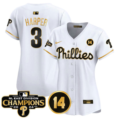 Camisa MLB Women’s 2024 NL East Division Champions & Pete Rose Patch Dourada Vapor Premier Limited Jersey