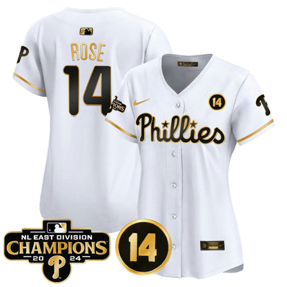 Camisa MLB Women’s 2024 NL East Division Champions & Pete Rose Patch Dourada Vapor Premier Limited Jersey