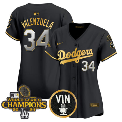Camisa MLB Women’s 2025 Vin Scully & #34 Fernando Patch Dourada Vapor Premier Limited Jersey