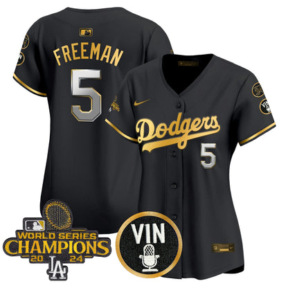 Camisa MLB Women’s 2025 Vin Scully & #34 Fernando Patch Dourada Vapor Premier Limited Jersey