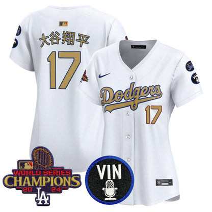 Camisa MLB Women’s 2025 Vin Scully & #34 Fernando Patch Dourada Vapor Premier Limited Jersey