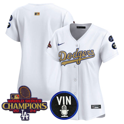 Camisa MLB Women’s 2025 Vin Scully & #34 Fernando Patch Dourada Vapor Premier Limited Jersey