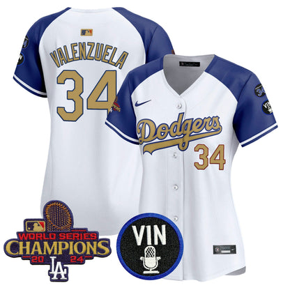 Camisa MLB Women’s 2025 Vin Scully & #34 Fernando Patch Dourada Vapor Premier Limited Jersey