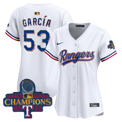 Camisa MLB Women’s Texas 2023 World Series Champions Dourada Trim Vapor Premier Limited Jersey