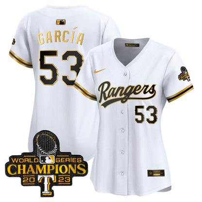 Camisa MLB Women’s Texas 2023 World Series Champions Dourada Trim Vapor Premier Limited Jersey