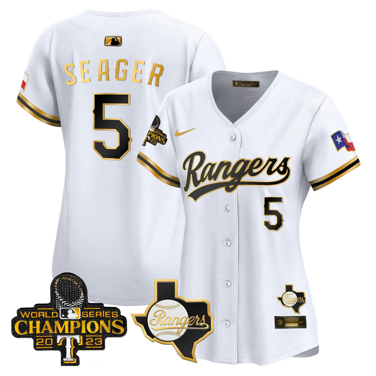 Camisa MLB Women’s Texas 2023 World Series Champions Dourada Trim Vapor Premier Limited Jersey V2