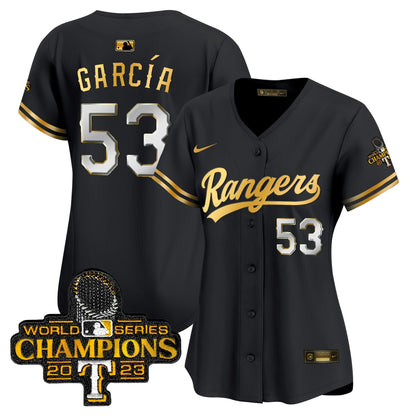 Camisa MLB Women’s Texas 2023 World Series Champions Dourada Trim Vapor Premier Limited Jersey