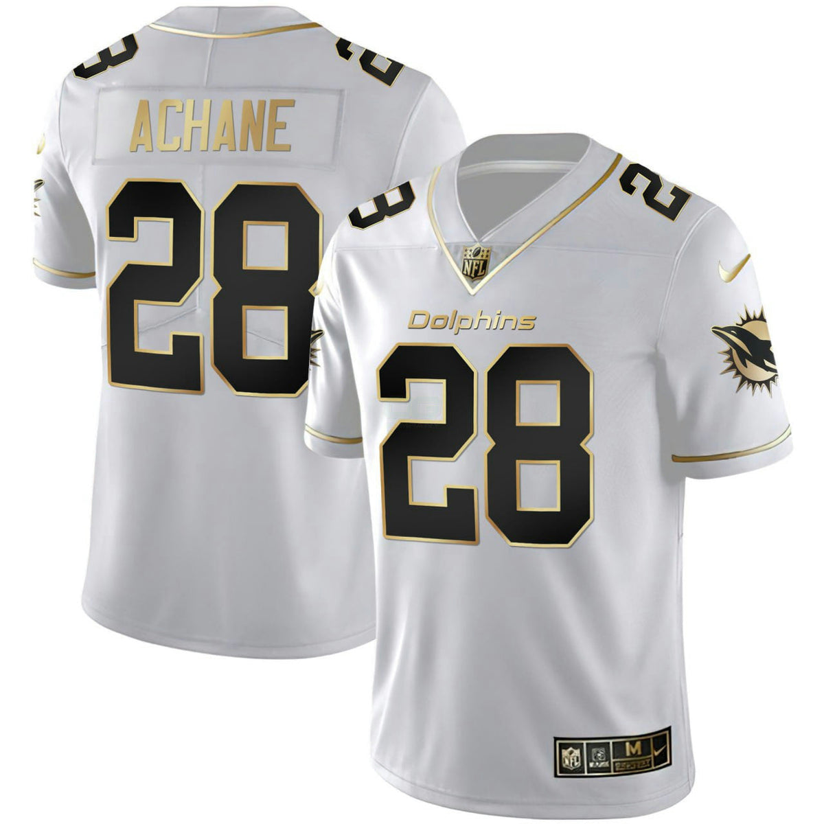 Camisa NFL Men’s De’Von Achane #28 Branca Dourada Jersey - Branca Dourada