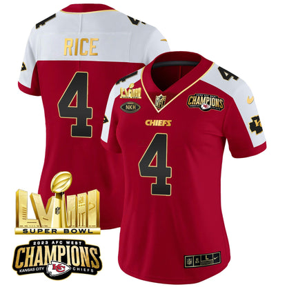 Camisa NFL Women’s AFC West Champions & Super Bowl LVIII Dourada Patch Vapor Jersey