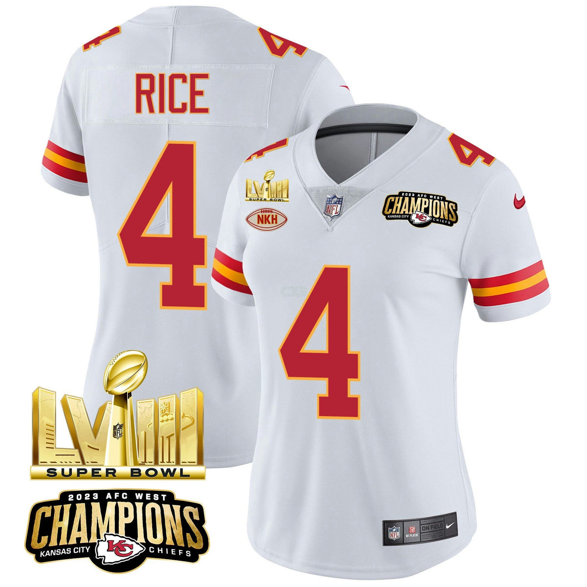 Camisa NFL Women’s AFC West Champions & Super Bowl LVIII Dourada Patch Vapor Jersey