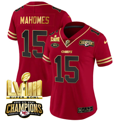 Camisa NFL Women’s AFC West Champions & Super Bowl LVIII Dourada Patch Vapor Jersey