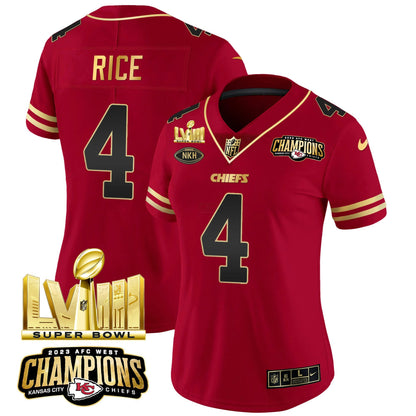Camisa NFL Women’s AFC West Champions & Super Bowl LVIII Dourada Patch Vapor Jersey