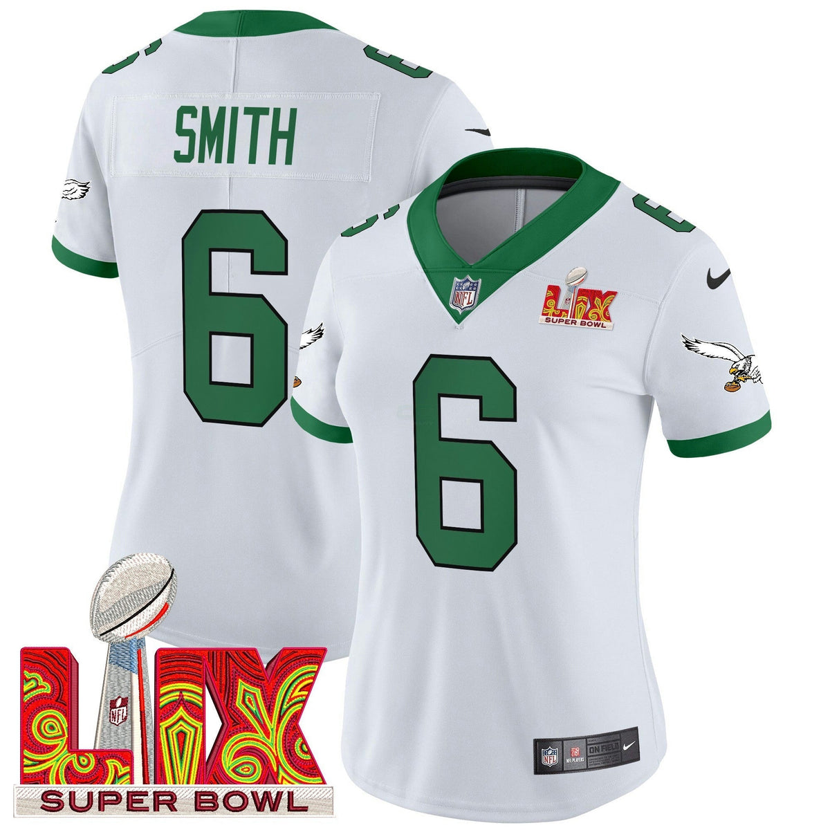 Camisa NFL Women’s Philadelphia Kelly Green Super Bowl LIX Patch Vapor