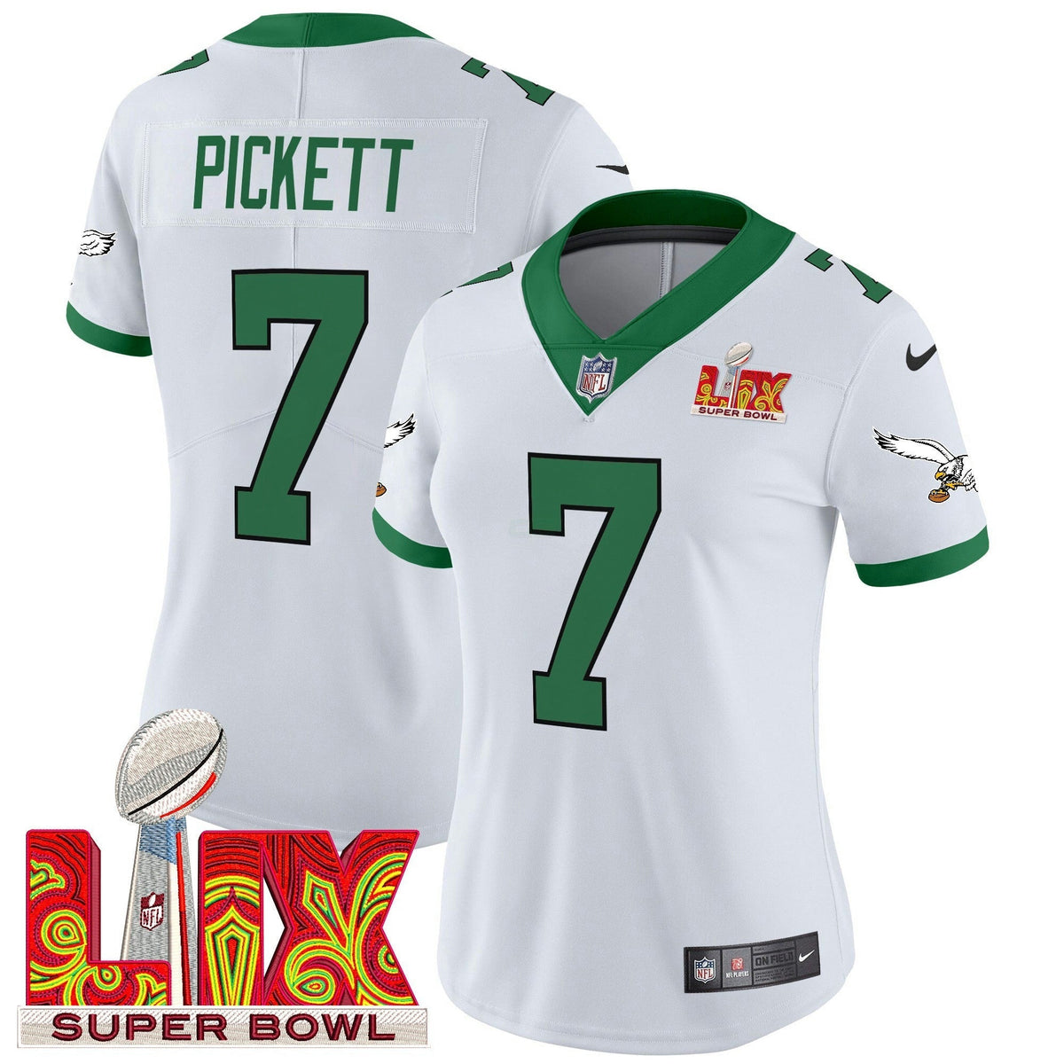 Camisa NFL Women’s Philadelphia Kelly Green Super Bowl LIX Patch Vapor