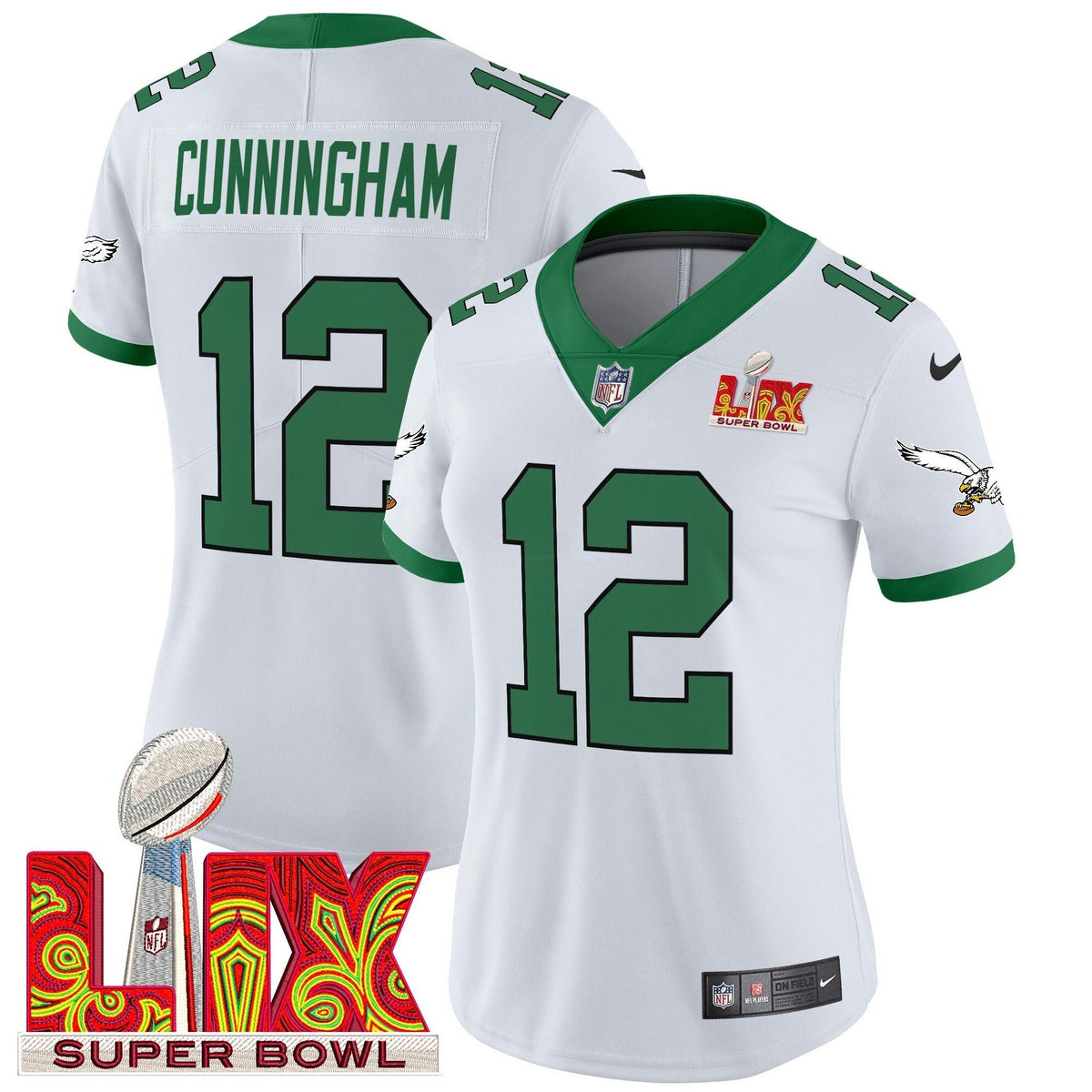 Camisa NFL Women’s Philadelphia Kelly Green Super Bowl LIX Patch Vapor