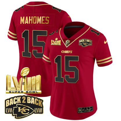Camisa NFL Women’s Super Bowl LVIII & Back 2 Back Gold Patch Vapor Jersey