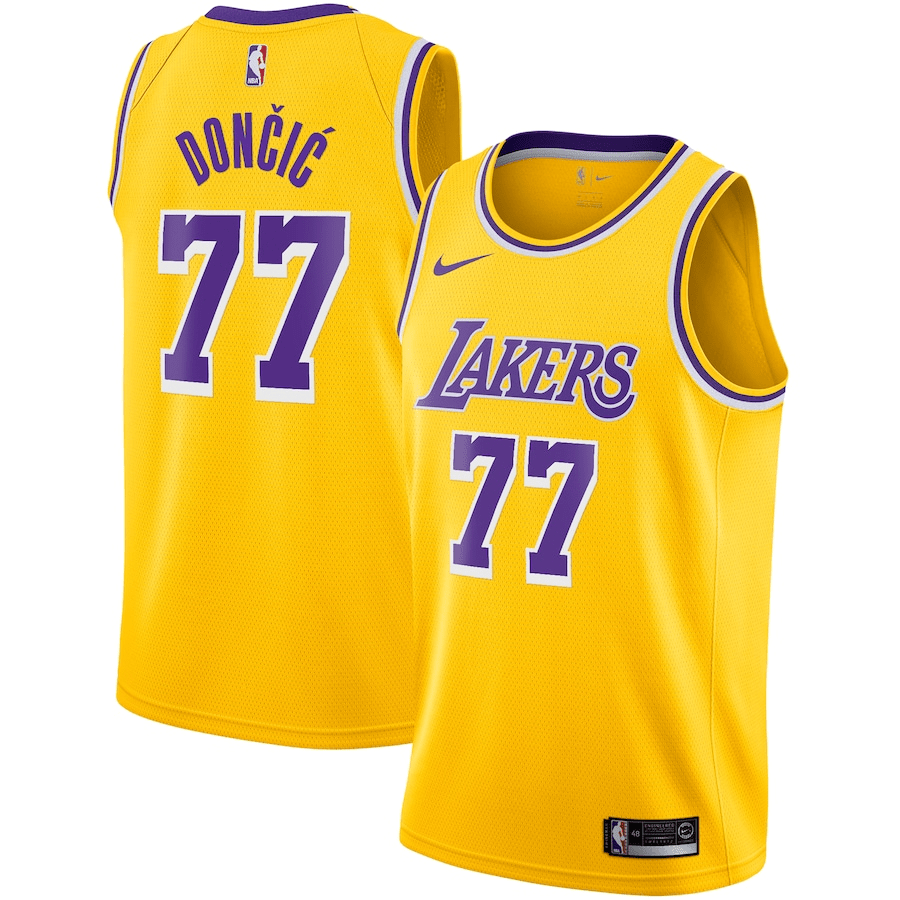 Regata NBA Nike Los Angeles Lakers nº 77 Luka Dončić Masculina - Amarelo+Roxo - DA Sports Oficial