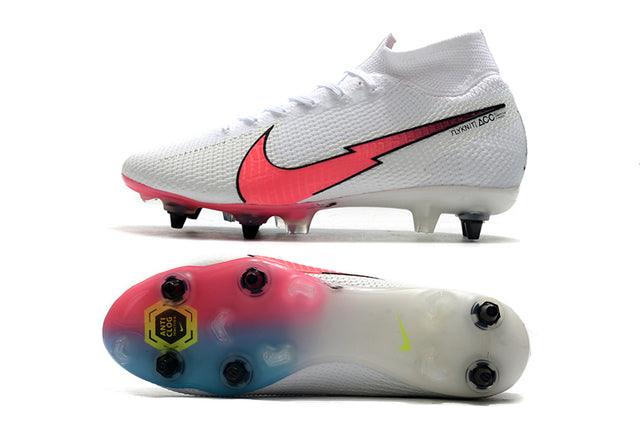 Chuteira Campo Nike Mercurial Superfly 7 Elite SG - PRO Anti Clog Branco/Rosa/Azul - Cano Alto - DA Sports Oficial